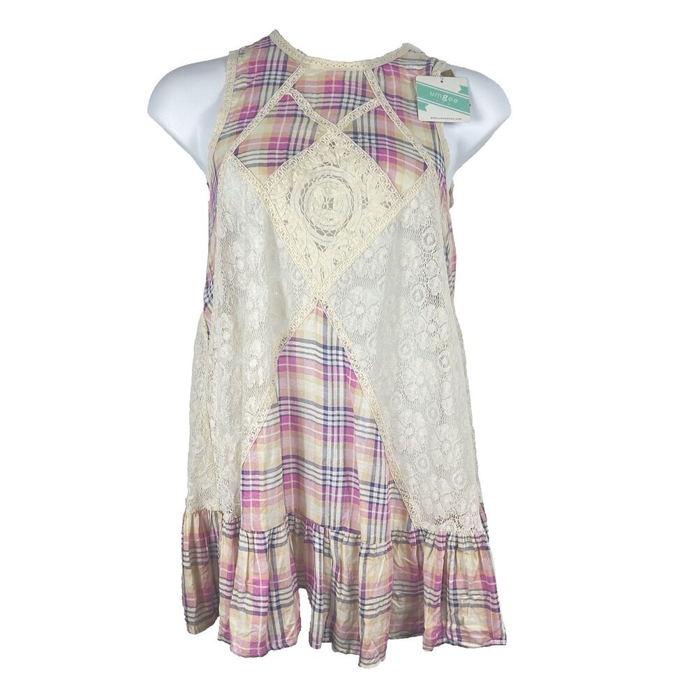 Umgee Lace Mini Dress Womens Size Medium Plaid Floral Swing Babydoll Ruffle Hem